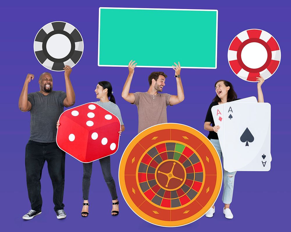 Happy diverse people holding casino icons