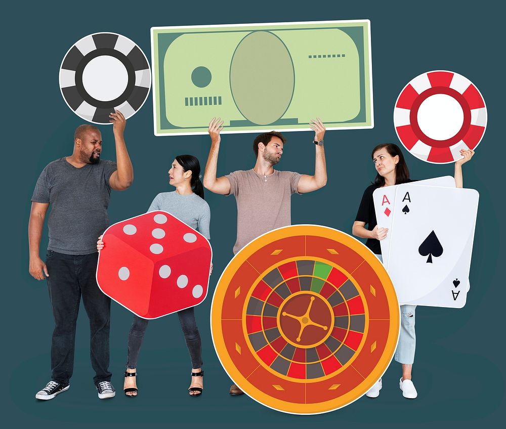 Disappointed diverse people holding casino icons
