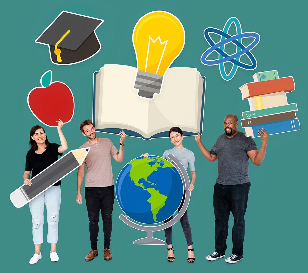 Diverse people holding education concept icons