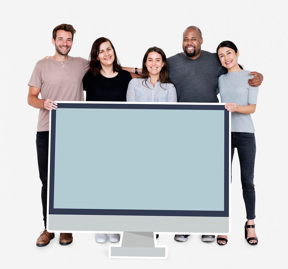 Diverse people with a blank computer screen mockup