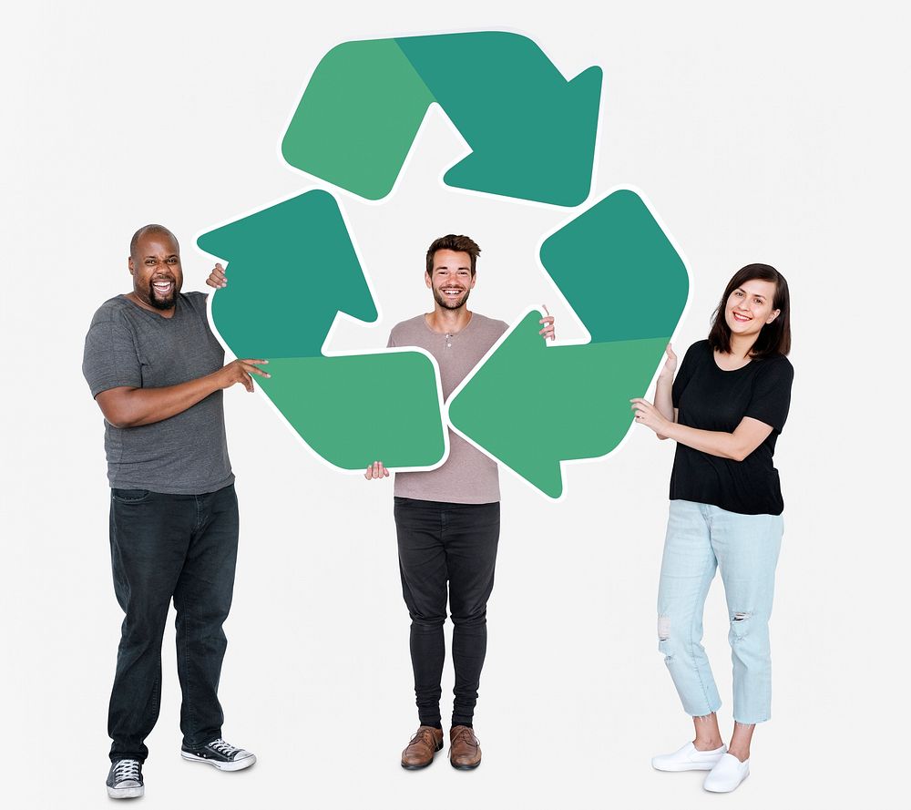 People holding a green recycle symbol