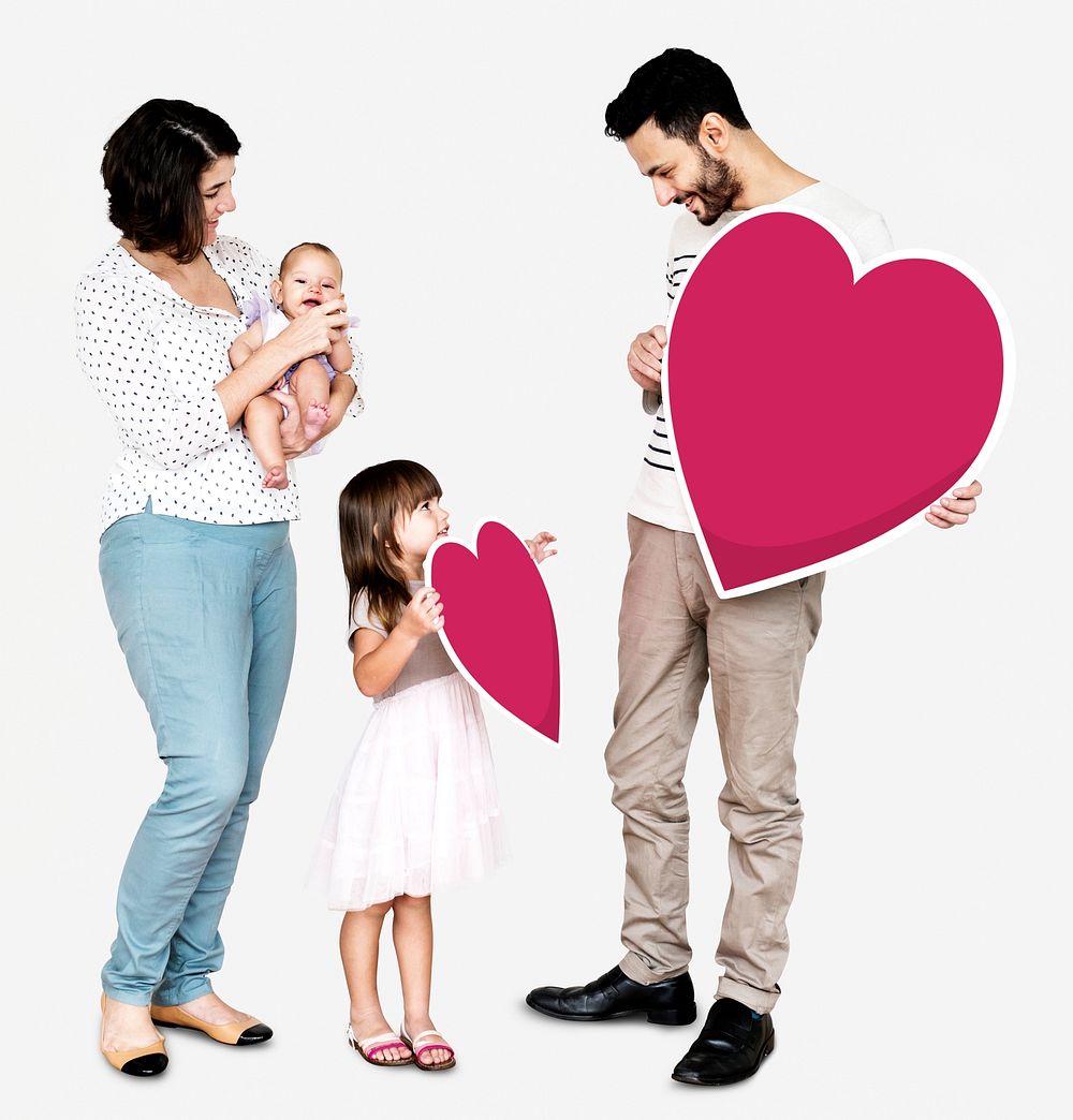 Happy family holding heart icons