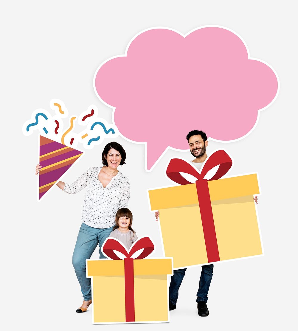 Happy family holding gift box icons