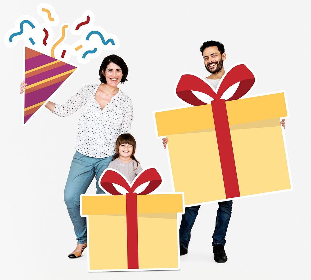 Happy family holding gift box icons