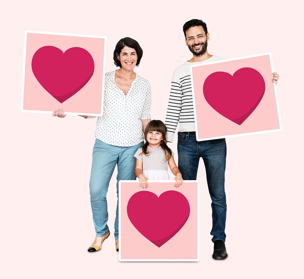 Family holding heart board icons