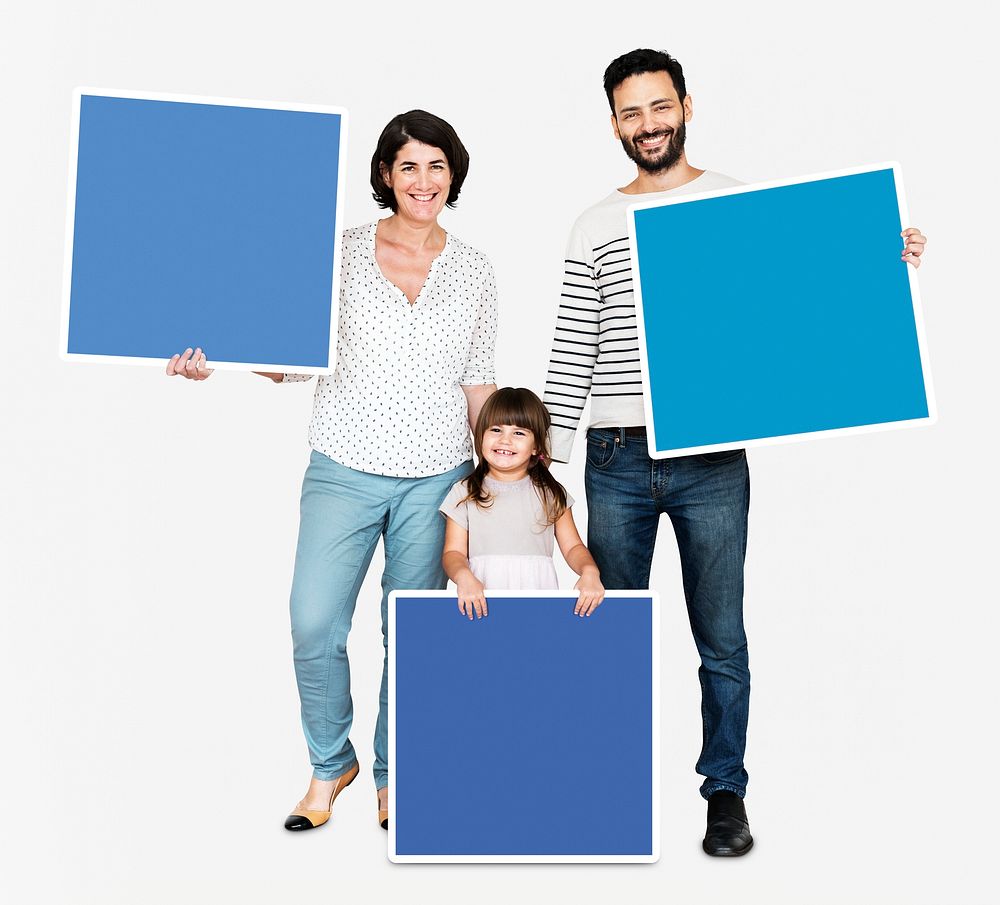 Family holding blue square boards