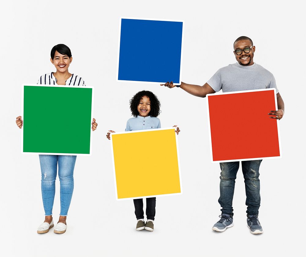 Family holding colorful square boards