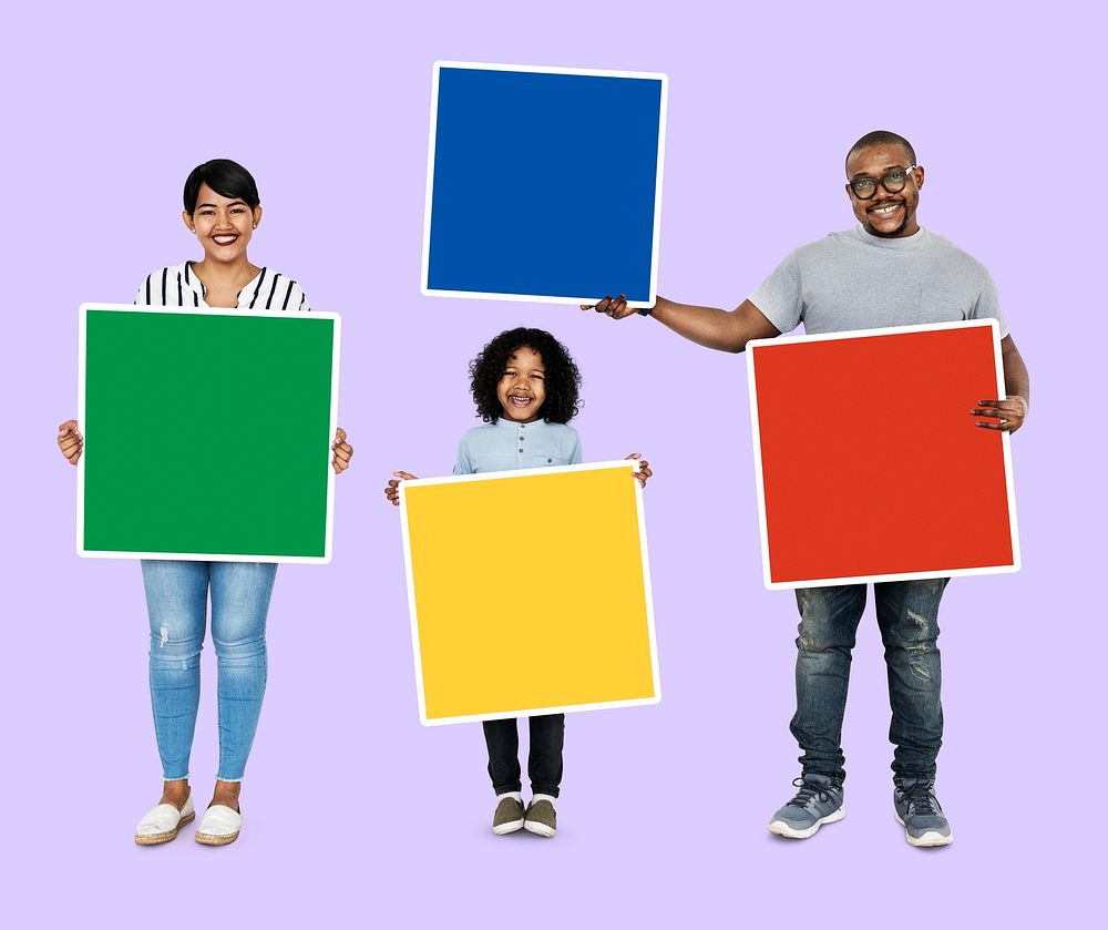 Family holding colorful square boards