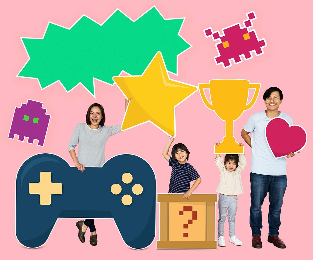 Family winning a video game challenge