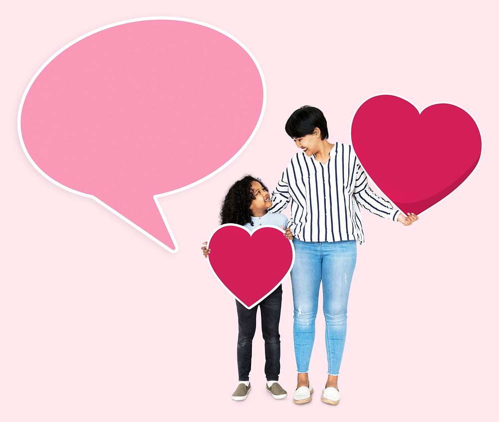 Happy mother and son holding heart icons