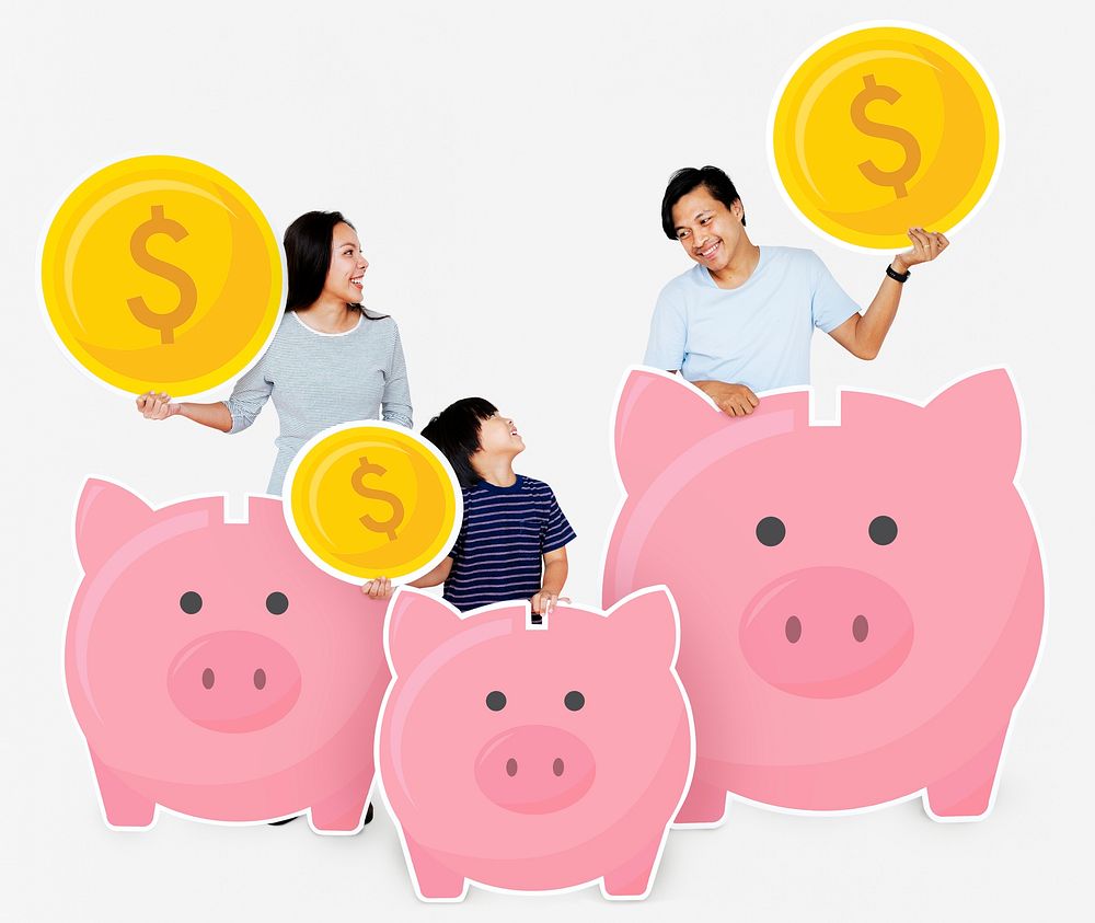 Happy family with savings in piggy banks
