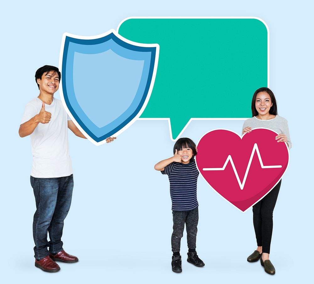 Cheerful family holding life insurance icons