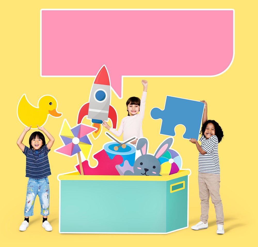 Cheerful diverse kids playing with toys