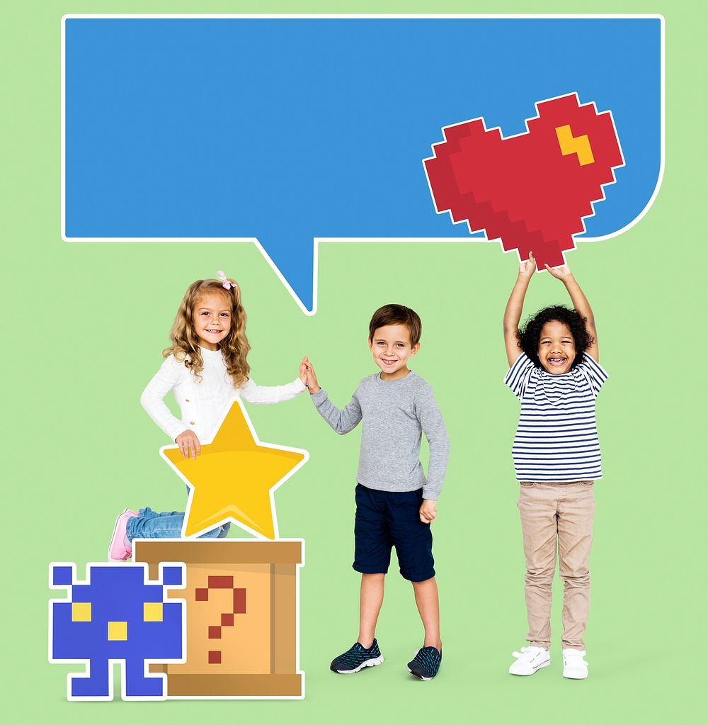 Happy diverse kids with pixilated gaming icons