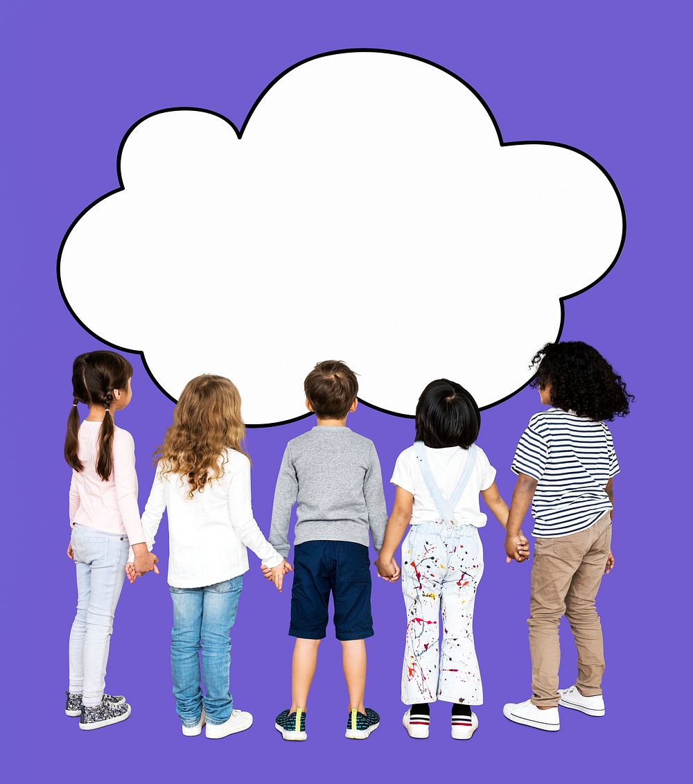 Children holding hands and looking at a cloud shaped board