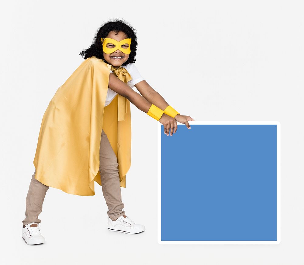 Young superhero with a square board