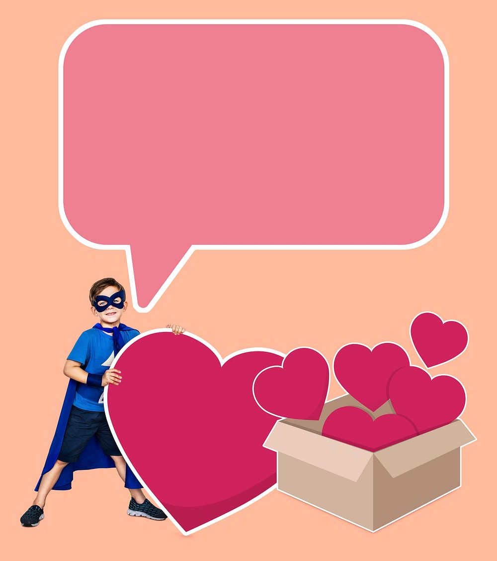Young superhero collecting hearts in a box