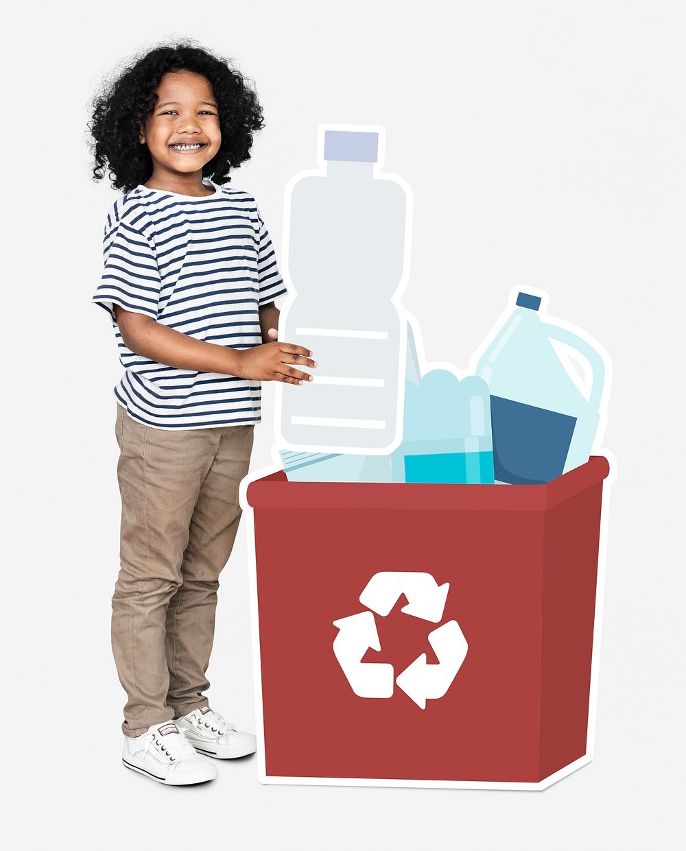 Happy boy collecting plastic bottles in a recycling box