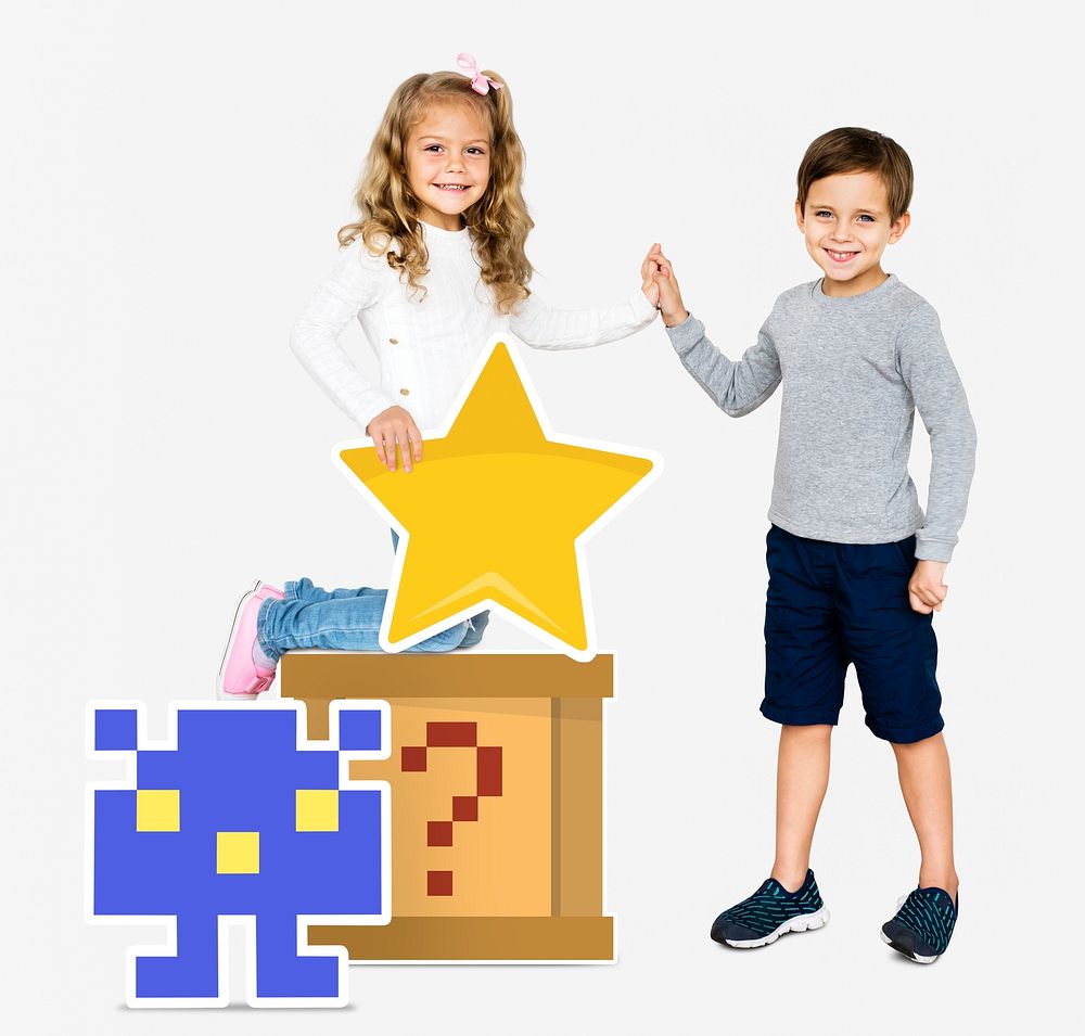 Happy kids with pixilated gaming icons