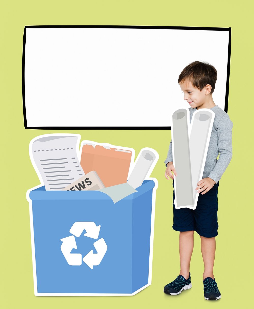 Happy boy collecting paper for recycling
