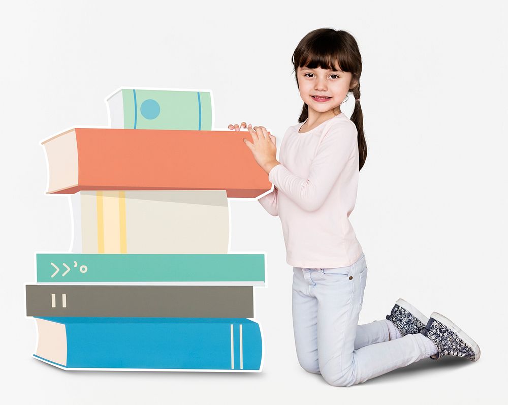 Sweet girl with a pile of books