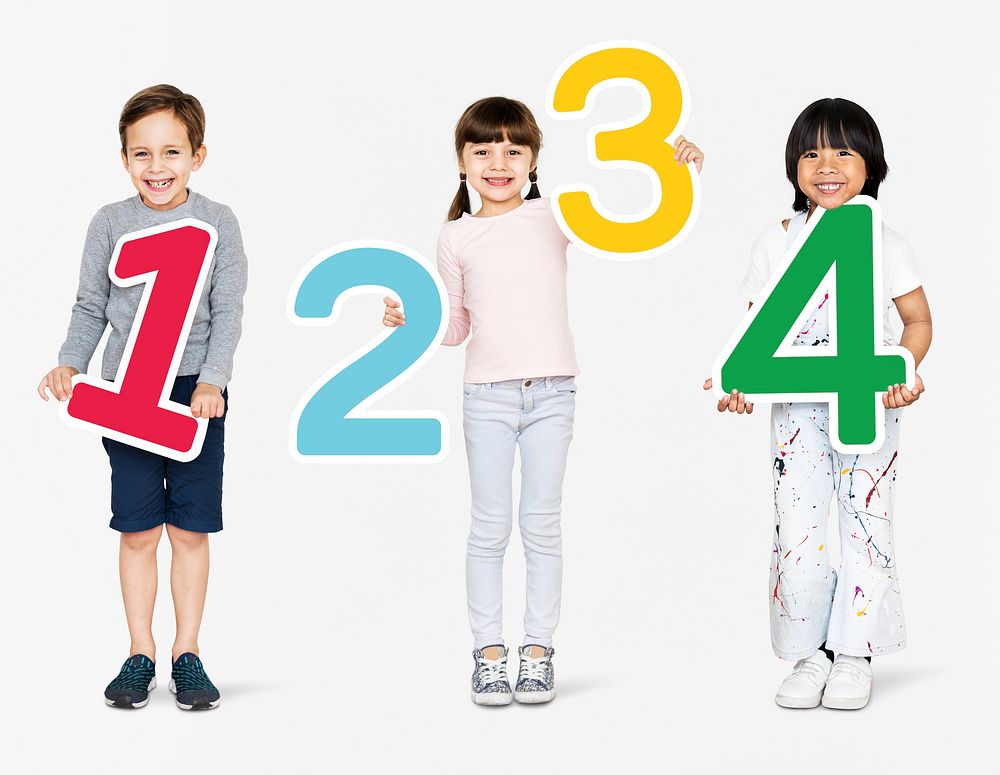 Cheerful diverse kids holding numbers one to four