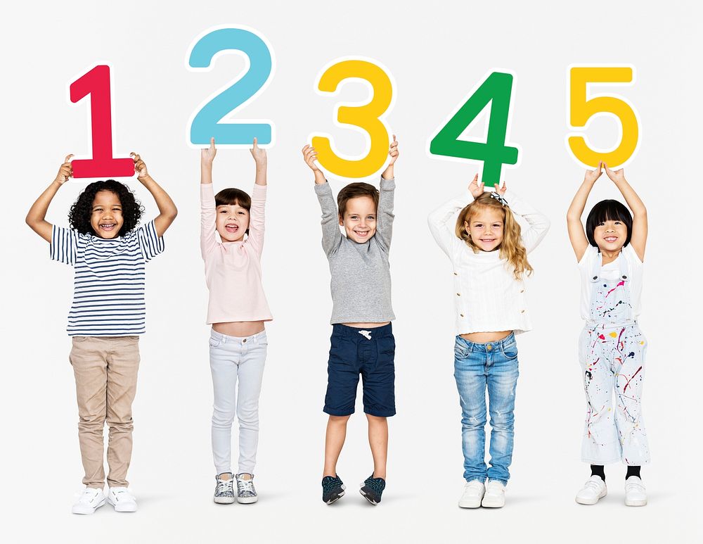 Cheerful diverse kids holding numbers one to five
