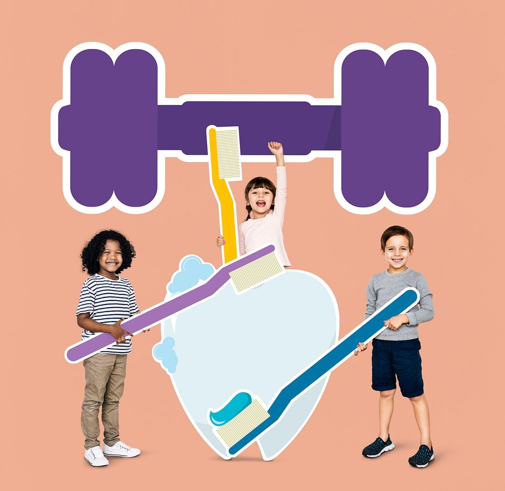 Cheerful kids with dental care icons
