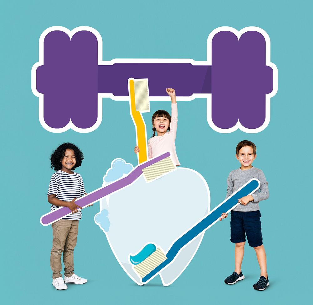 Cheerful kids with dental care icons