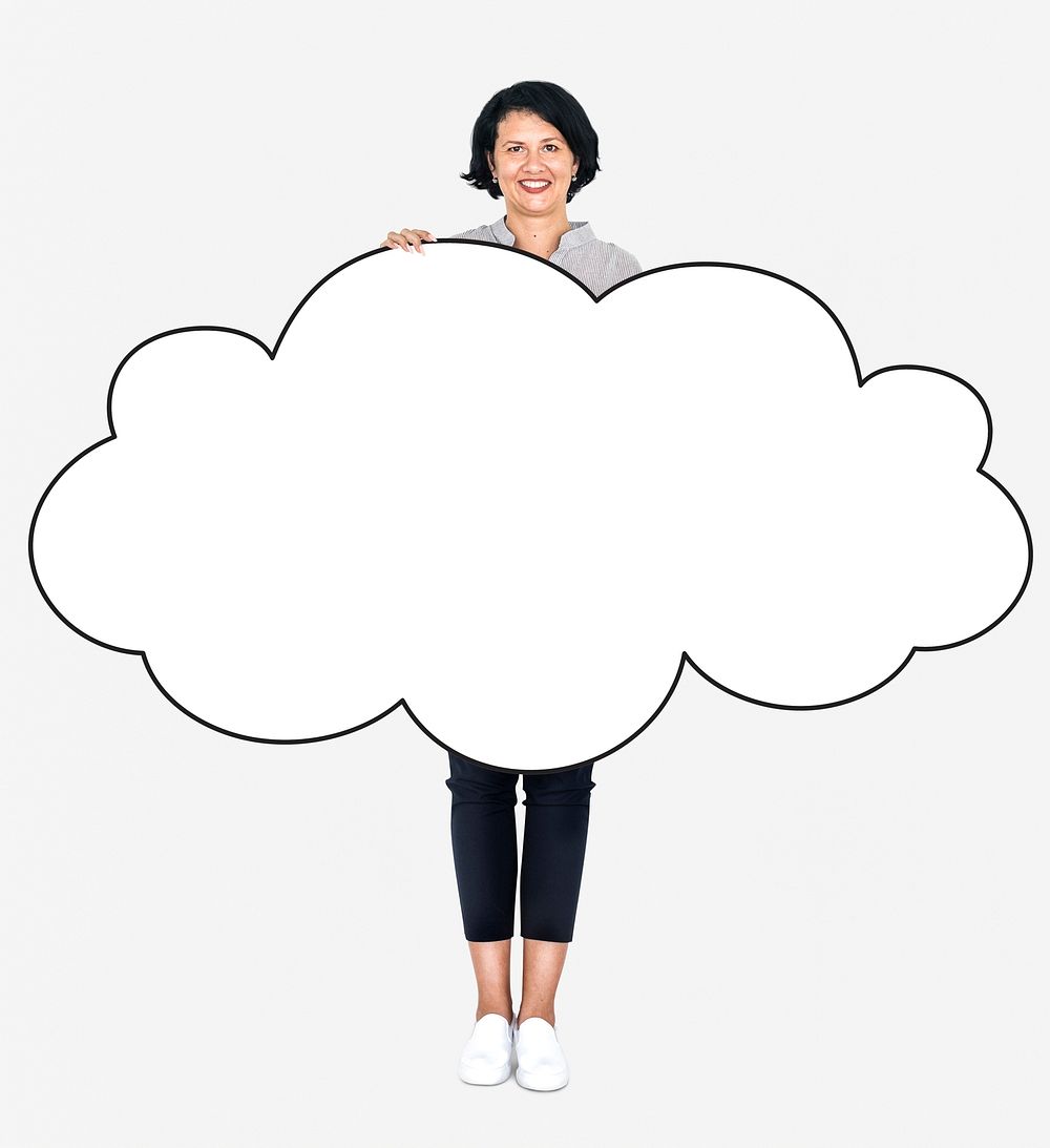 Cheerful woman showing a blank white cloud