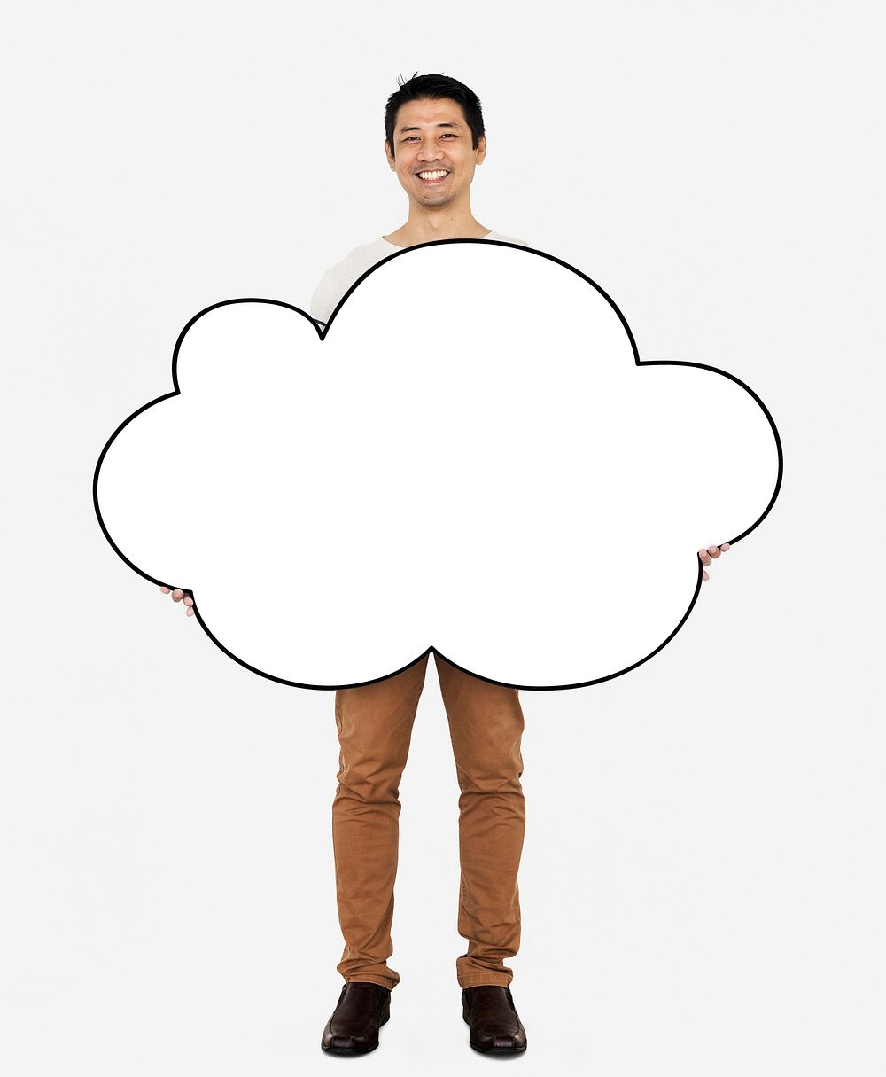 Cheerful man holding a blank white cloud