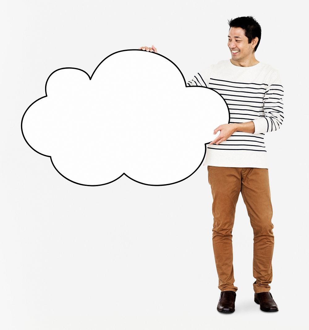 Cheerful man holding a blank white cloud