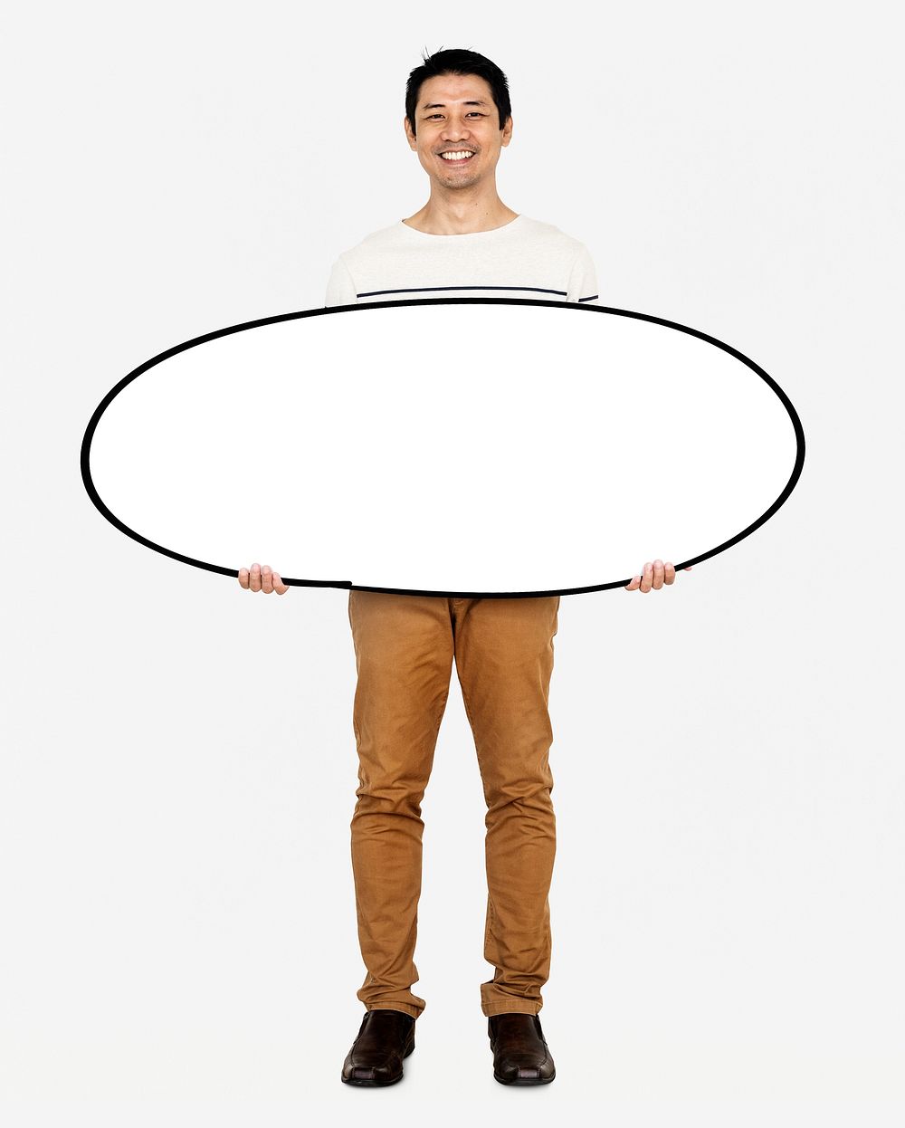 Cheerful man holding a blank white board