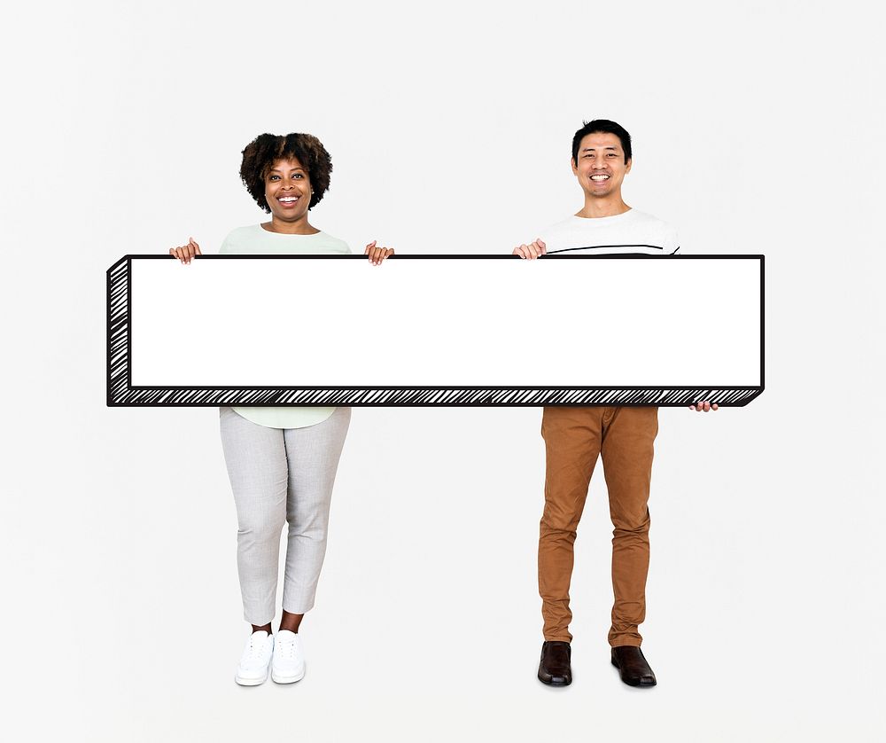 Diverse people holding an empty board