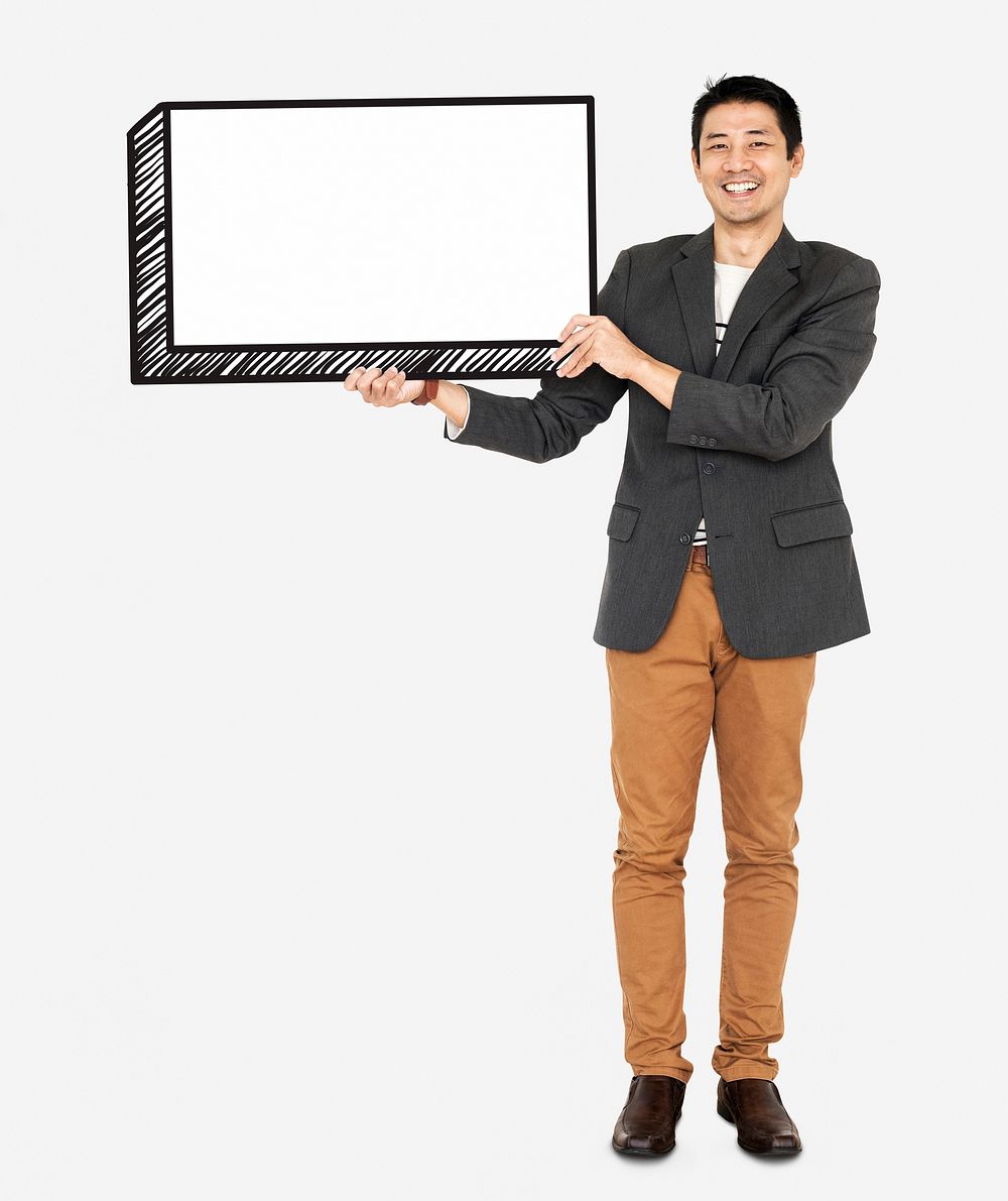 Happy man holding an empty board
