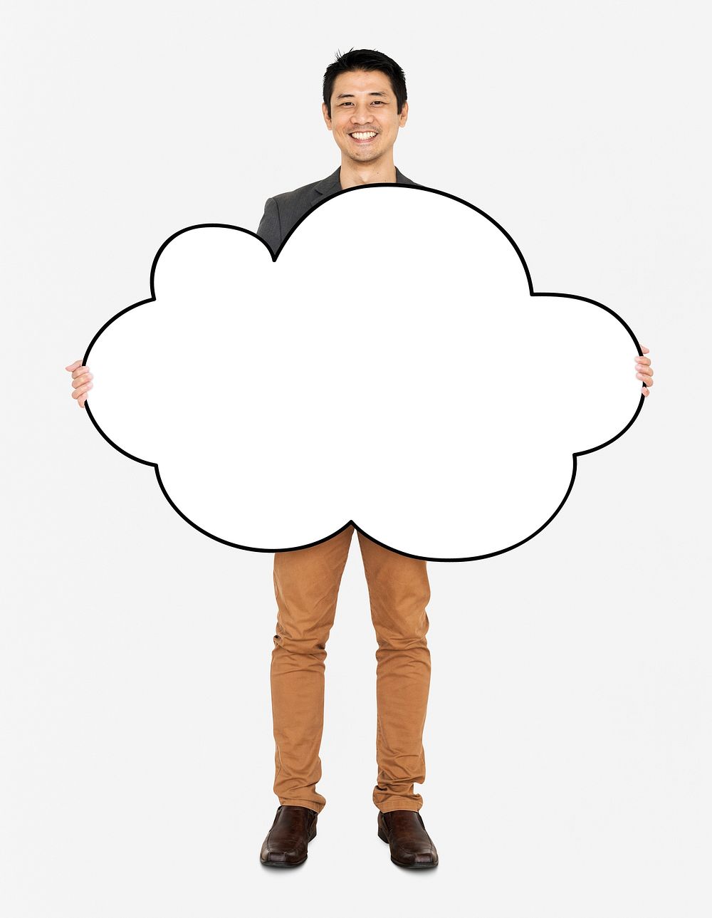 Cheerful man showing a blank cloud shaped board