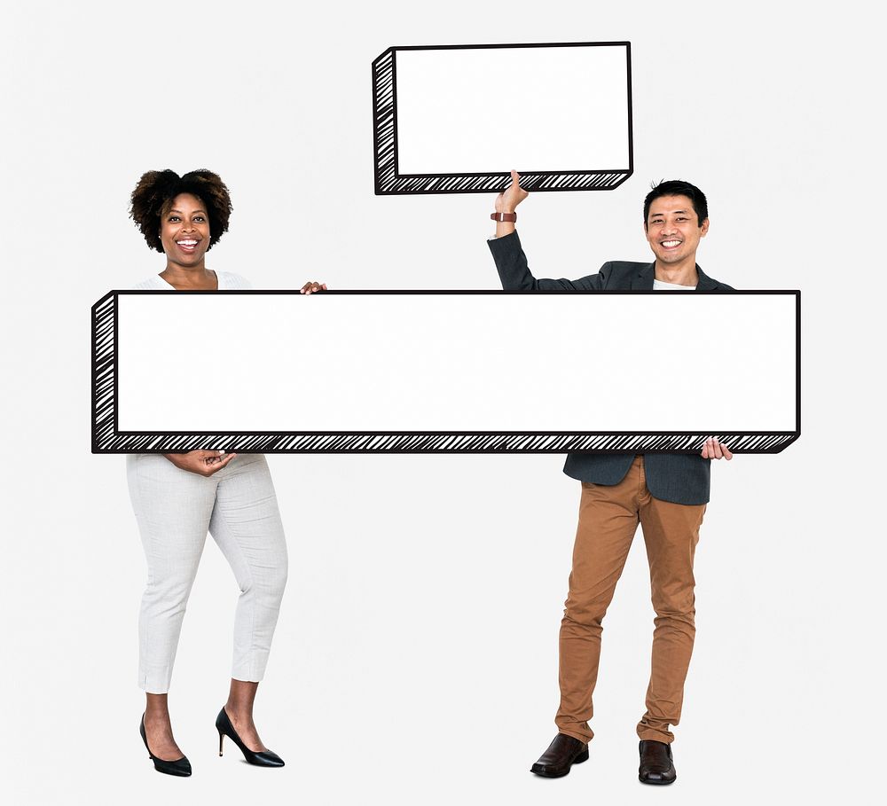 Diverse people holding two empty boards