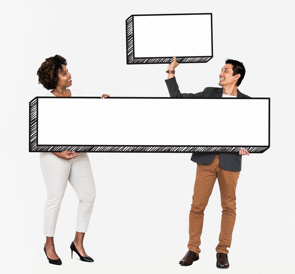 Diverse people holding two empty boards