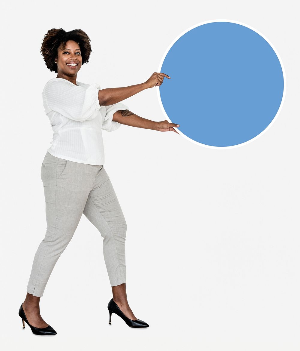 Happy businesswoman with a blue round board