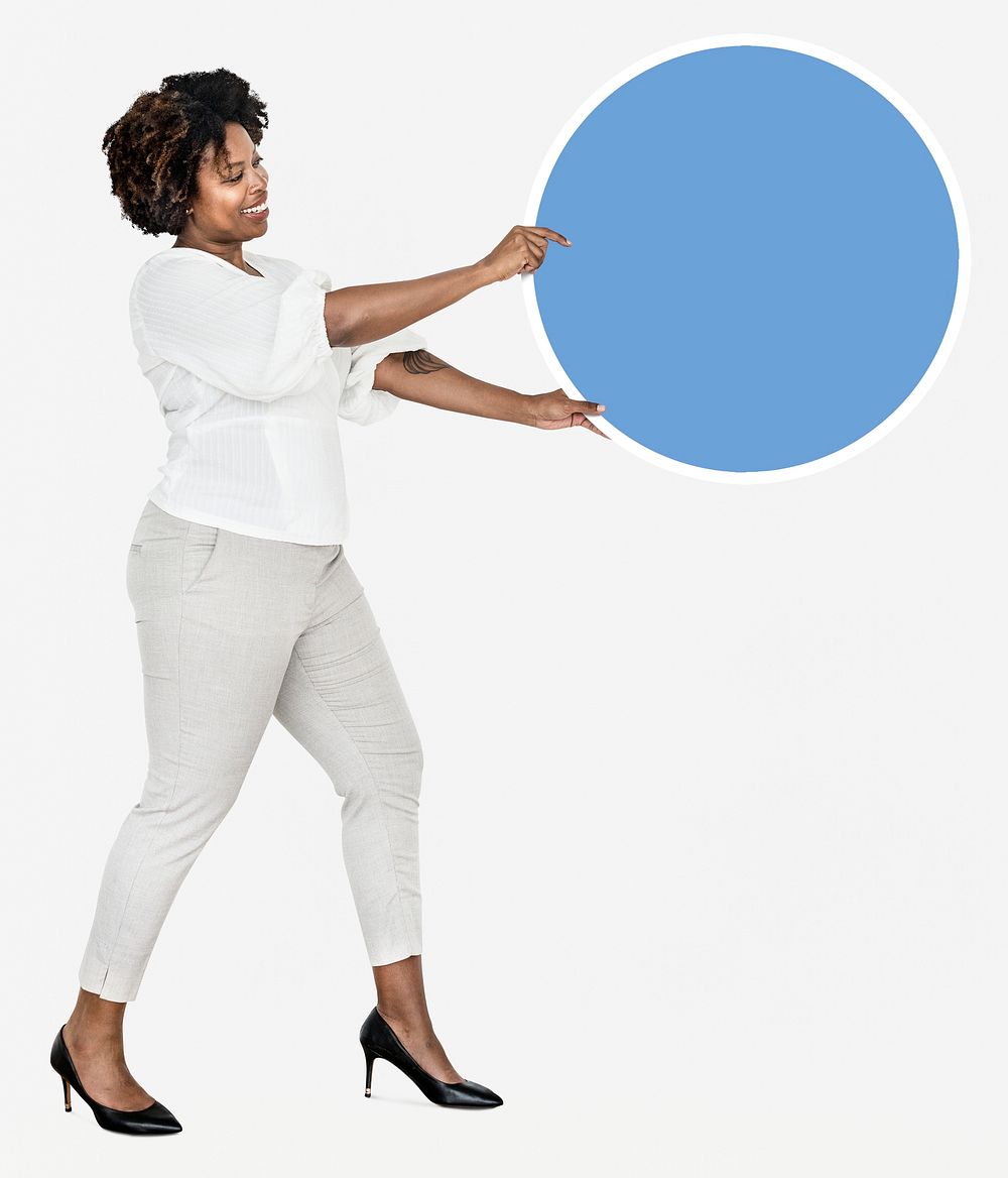 Happy businesswoman with a blue round board