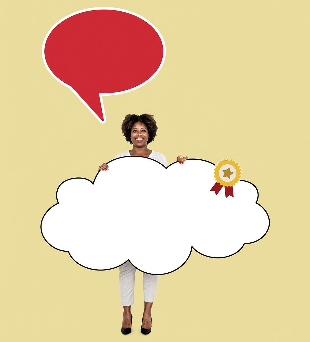 Cheerful woman showing a cloud shaped prize board