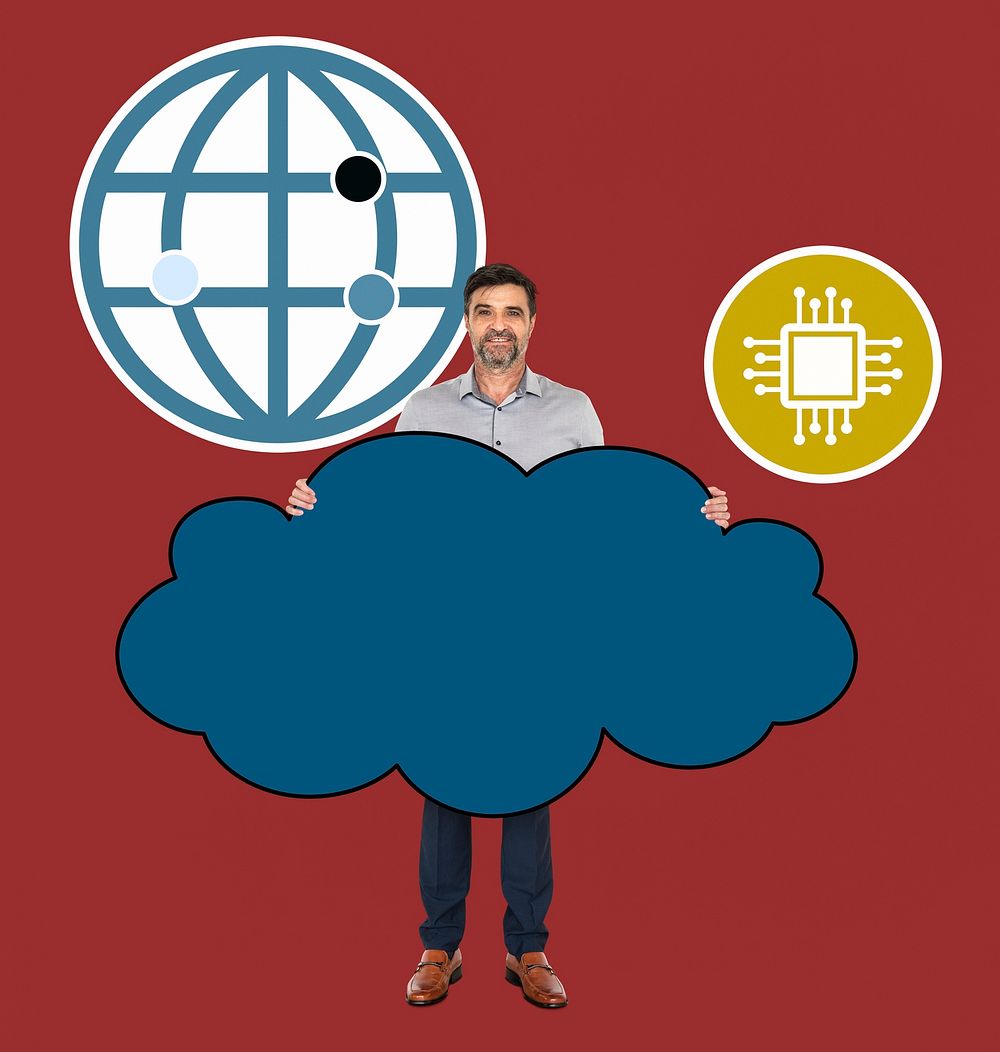 Cheerful man showing a cloud network system