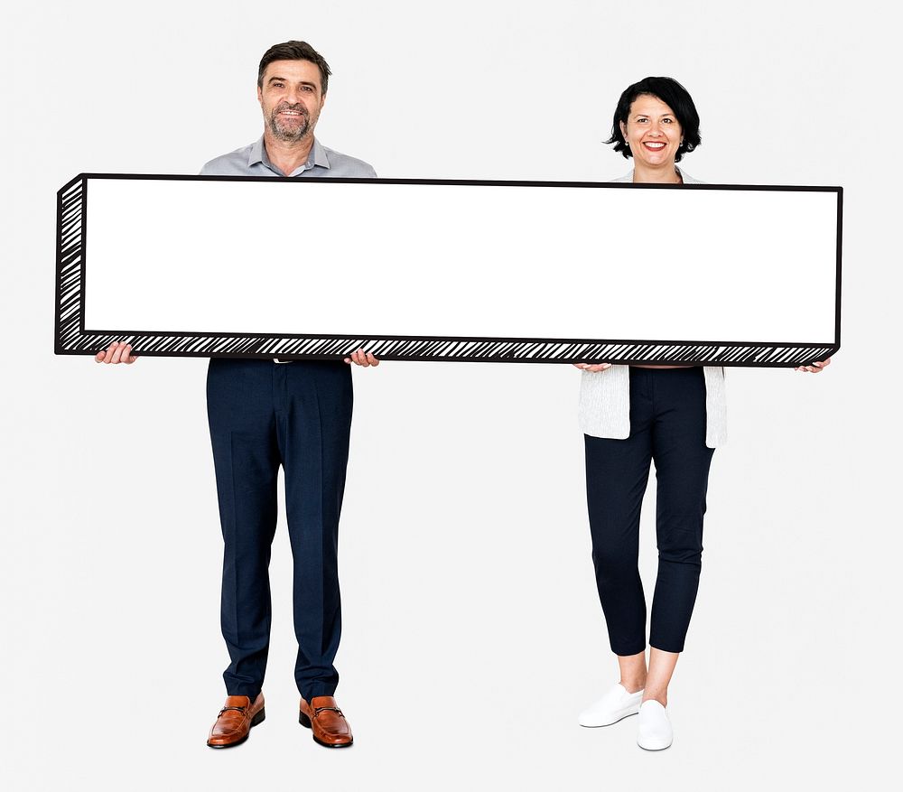 Happy diverse people holding an empty board