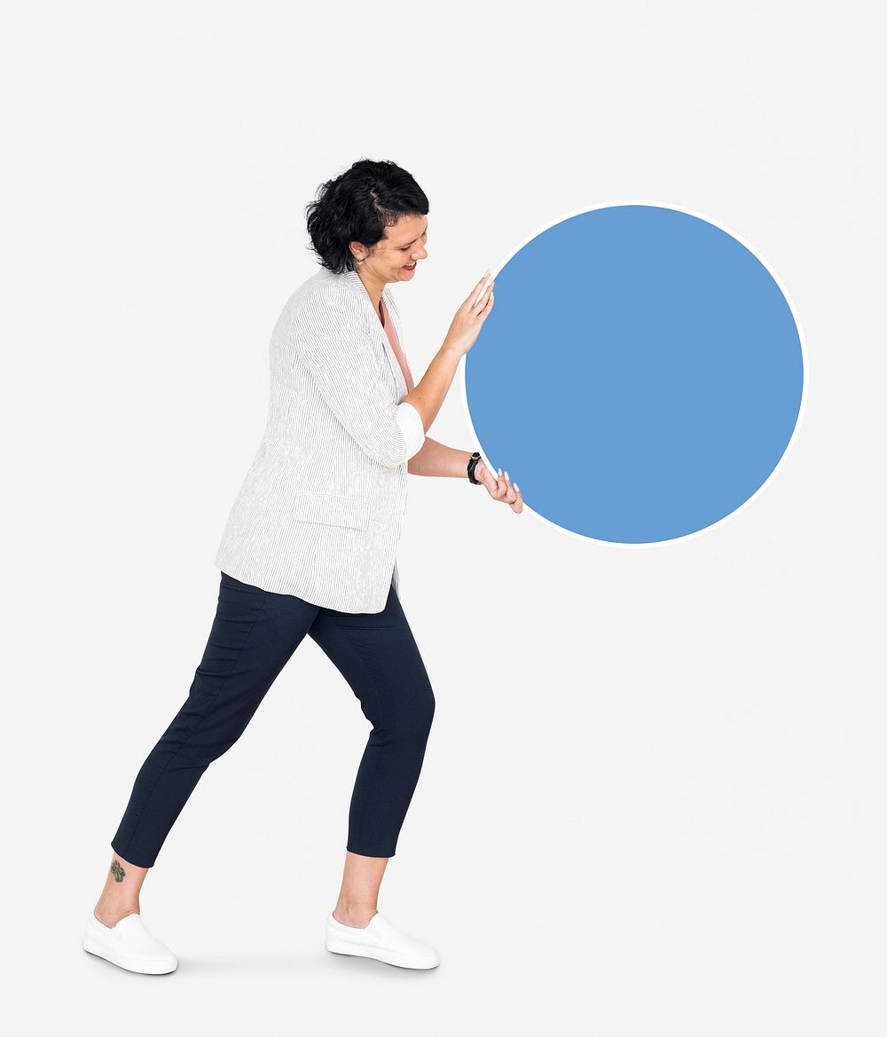 Woman presenting a blue round board