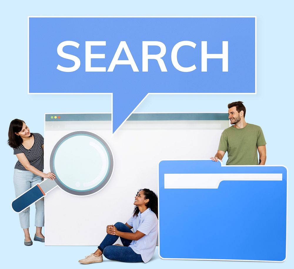 People holding search engine and file browsing icons