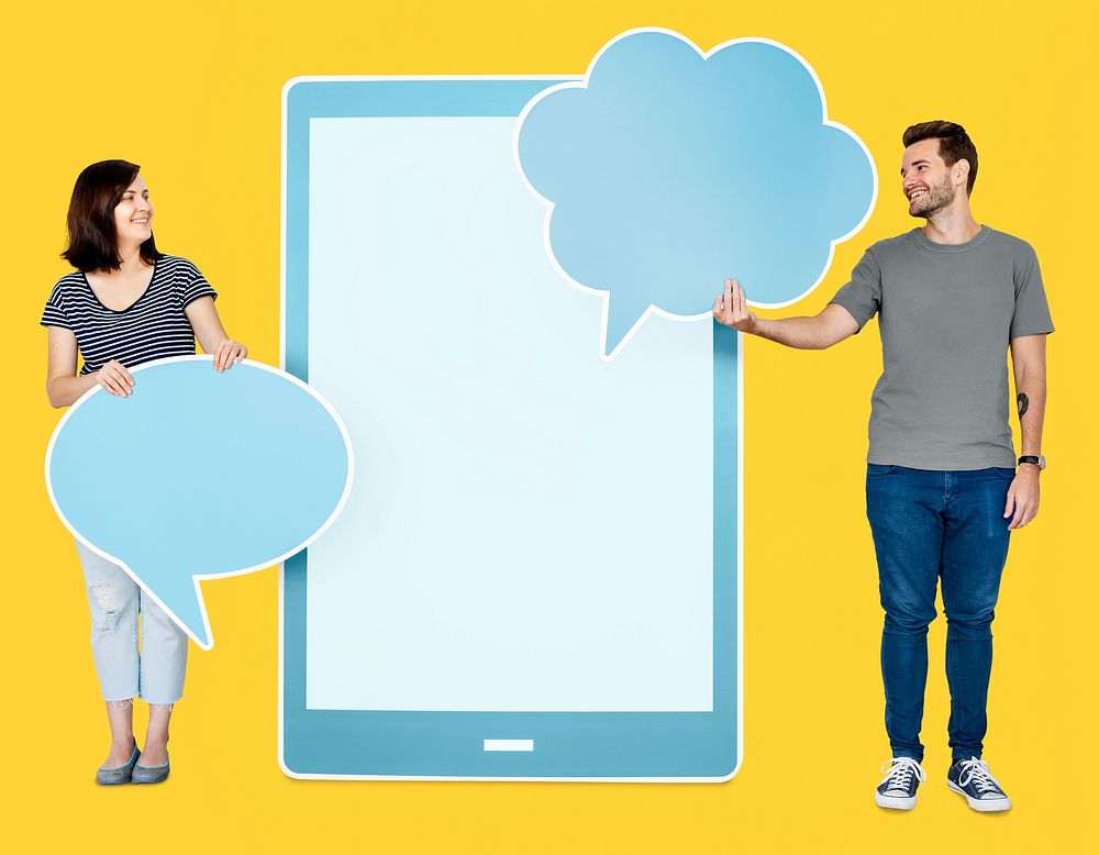 Couple holding speech bubbles and a digital tablet icon