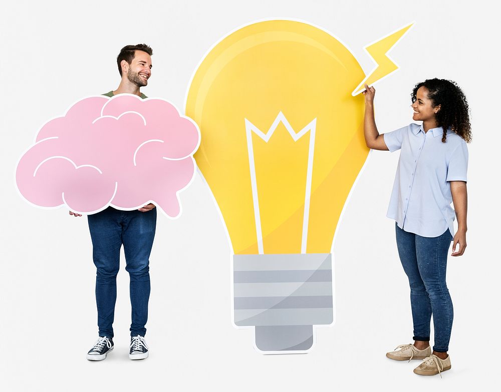 People carrying a light bulb and a brain icons