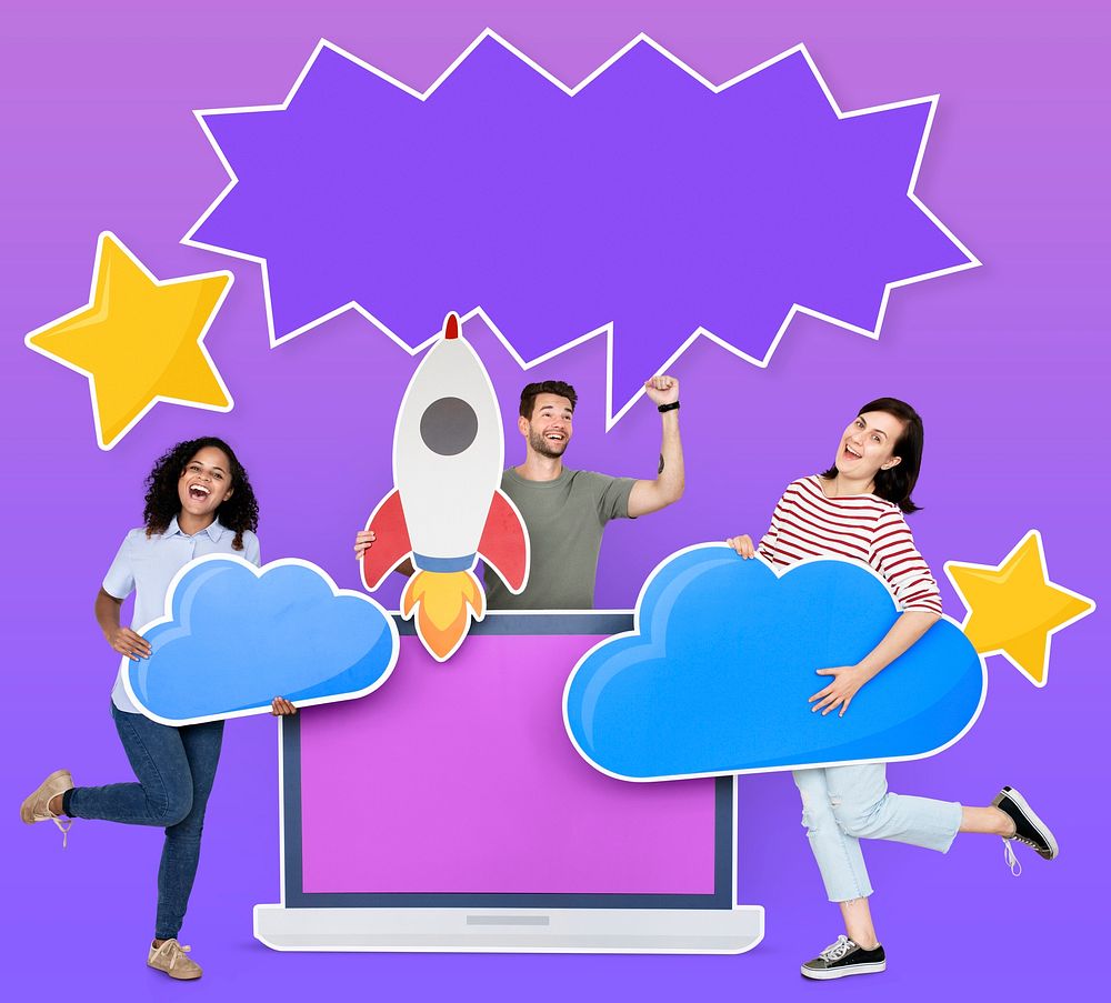 People holding cloud computing icons and a copy space