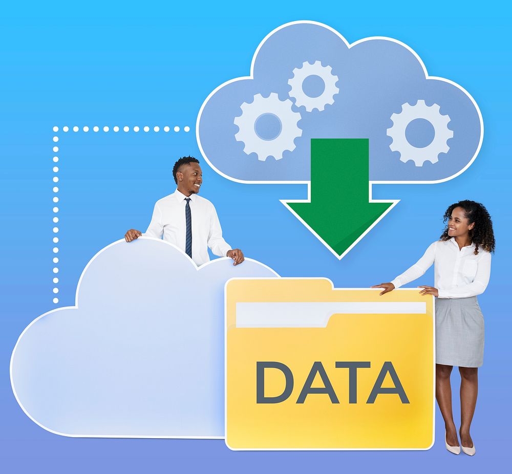 Business people downloading data from a cloud icon