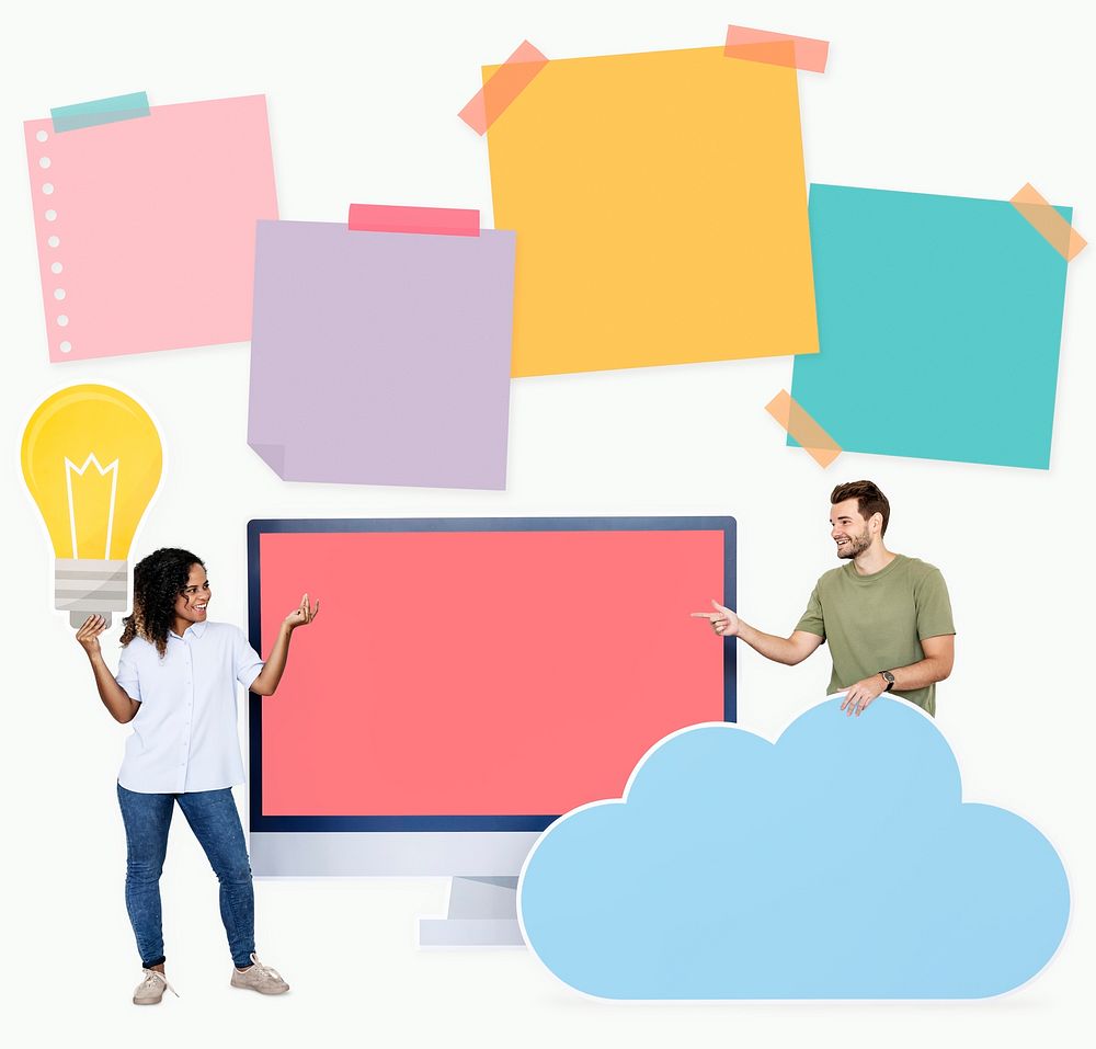 People holding ideas and cloud computing icons
